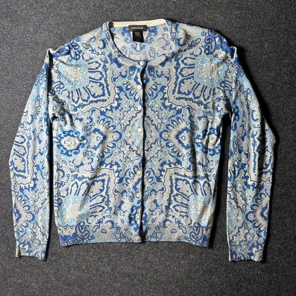 Lord & Taylor Blue Paisley Wool Cardigan Sweater Women XL Crew Neck Button Front